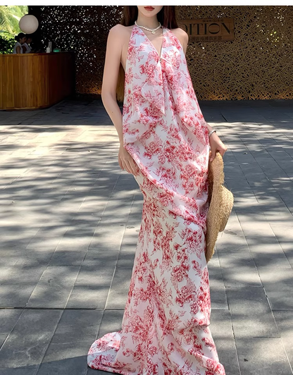 Vintage Pink Floral V-neck Design Elegant Beach Holiday Mermaid Sleeveless Halter Dress Summer Dress Party Dress TP4256
