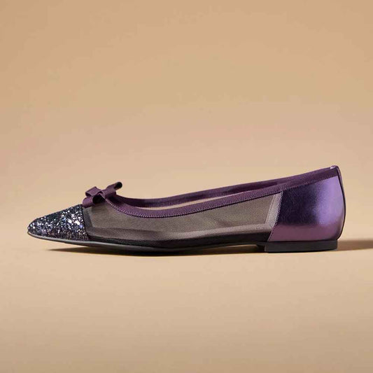 Purple Mesh Patchwork Glitter Toe Cap Slip-On Flats with Bows