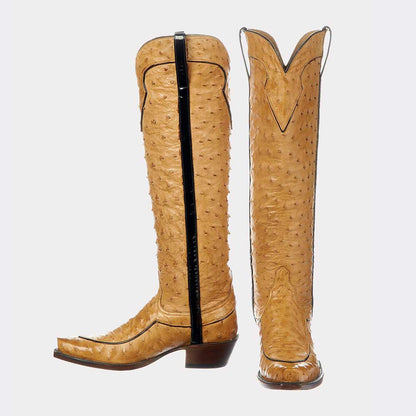 Yellow Ostrich Embossed Snip Toe Chunky Heel Western Boots for Women