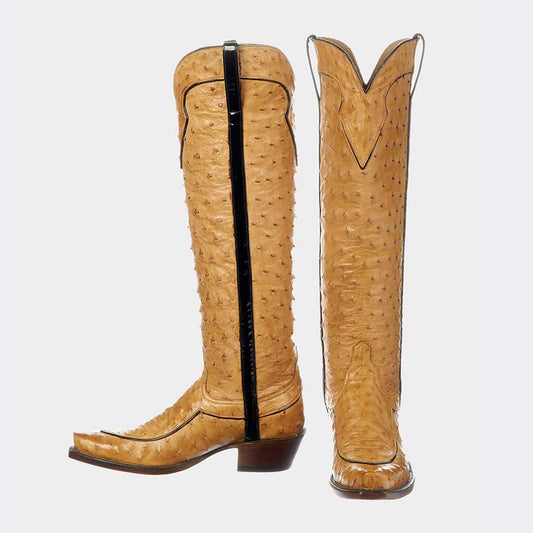 Yellow Ostrich Embossed Snip Toe Chunky Heel Western Boots for Women