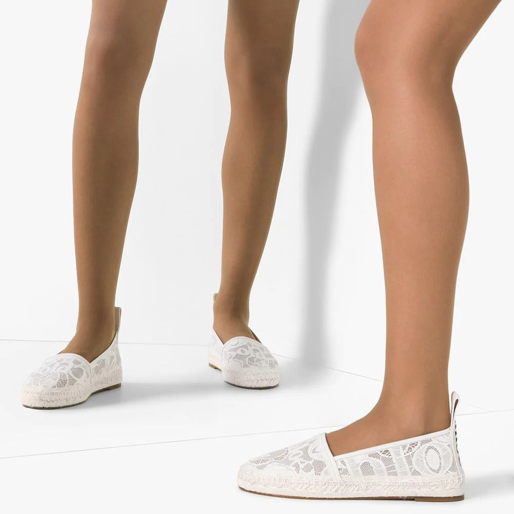 White Lace Round Toe Comfortable Espadrille Flats
