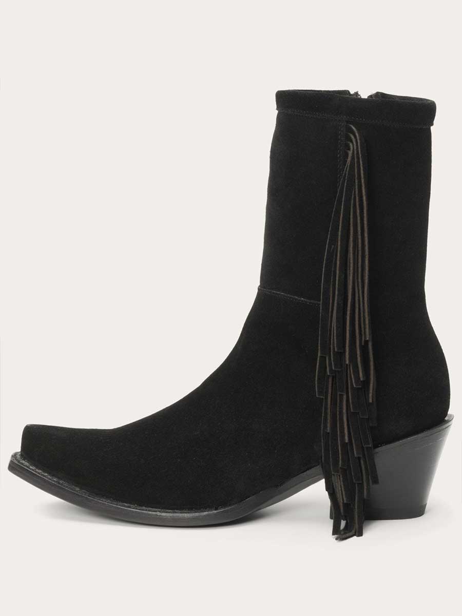 Black Faux Suede Snip Toe Angle Fringe Side-Zipper Cowgirl Ankle Boots With Chunky Heels