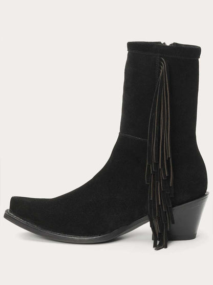 Black Faux Suede Snip Toe Angle Fringe Side-Zipper Cowgirl Ankle Boots With Chunky Heels