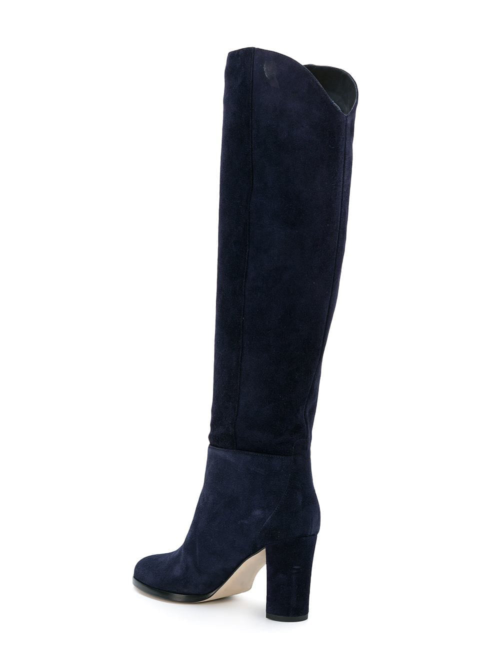 Navy Vegan Suede Round Toe Chunky Heel Knee High Boots