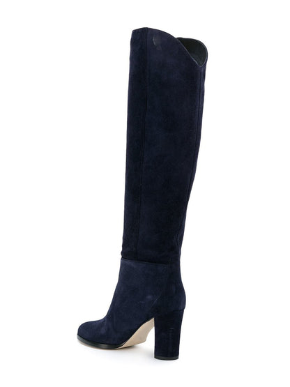 Navy Vegan Suede Round Toe Chunky Heel Knee High Boots