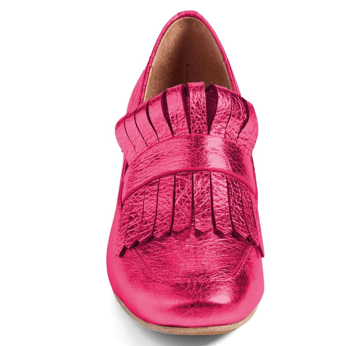 Hot Pink Square Toe Block Heel Slip-On Fringe Women's Loafers