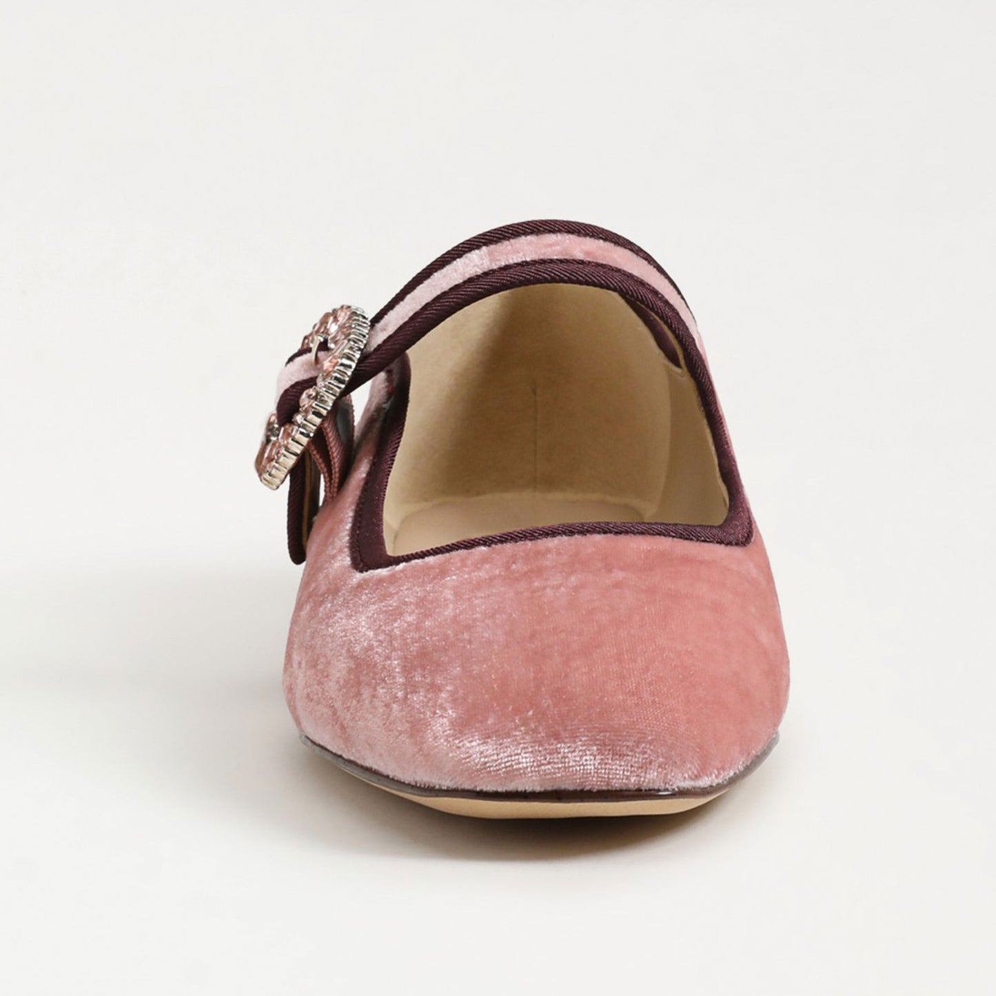 Pink Velvet Square Toe Rhinestone Buckled Strap Mary Jane Flats