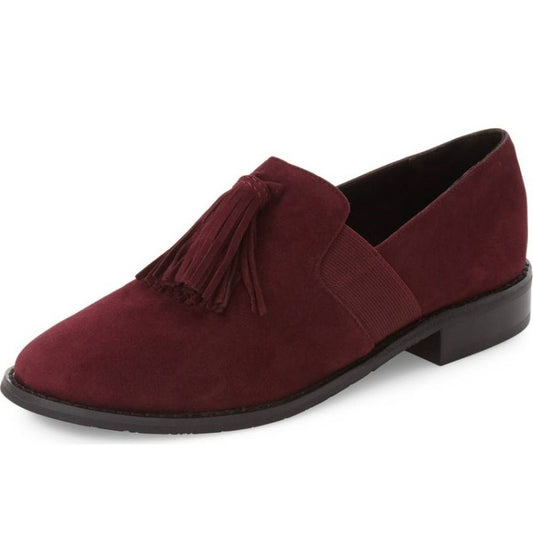 Maroon Vegan Suede Tassel Decor Round Toe Women's Loafers