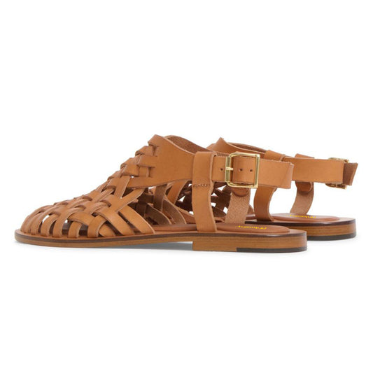 Comfy Square Toe Mustard Brown Woven Buckle Flat Sandals for Women