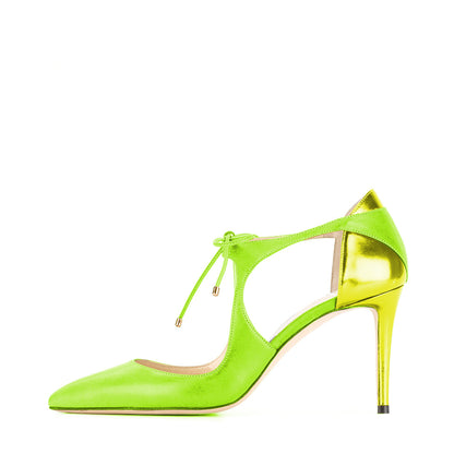 Women's Green Lace Up Heels Pointed Toe Patchwork Cut Out Pumps