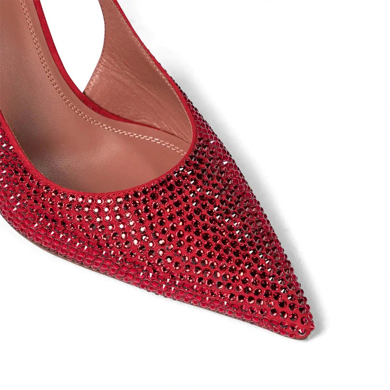 Women's Red Pointed Toe Flared Heels Wrap Strap Rhinestone Pumps Shoes