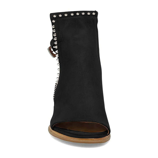 Black Cut-Out Ankle Boots Block Heel Studded Open Toe Booties