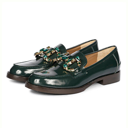 FSJ Luxurious Dark Green Round Toe Jewelry Flat Horsebit Loafers