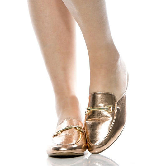 Gold Metallic Closed Toe Flat Mule Loafers for Women