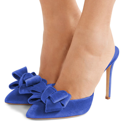 Women's Blue Velvet Bow Stiletto Heel Mules Shoes