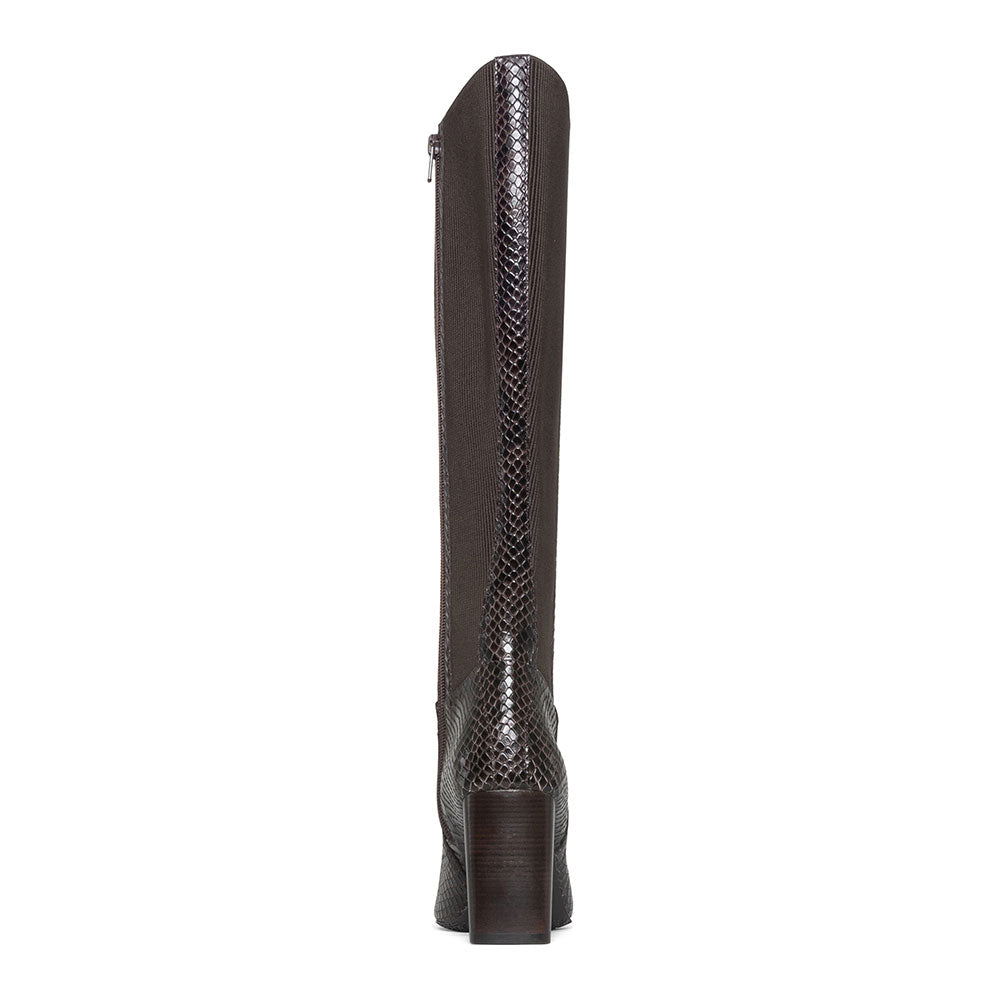 Dark Brown Square Toe Snakeskin Embossed Chunky Heel Knee High Boots