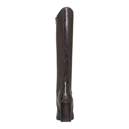Dark Brown Square Toe Snakeskin Embossed Chunky Heel Knee High Boots