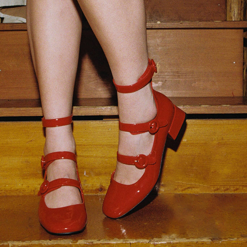 Red Patent Leather Closed Toe Chunky Heel Buckled Strappy Loafers