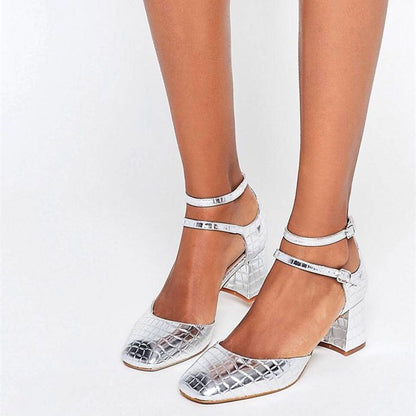 Women's Silver Square Toe Embossed Double Ankle Strap Pumps Heels