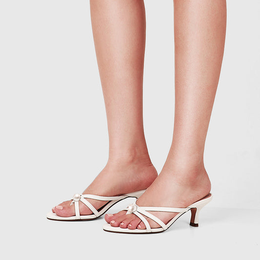 White Vegan Leather Rounded Toe Kitten Heel Mules with Pearl