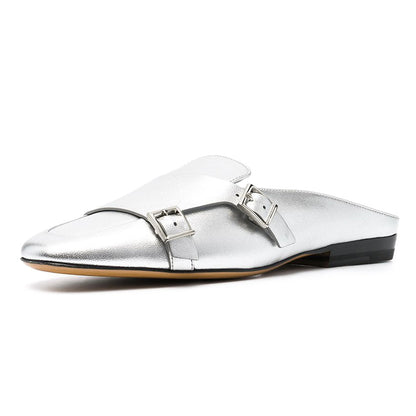 Women's Elegant Silver Round Toe Flat Mules Shoes with Buckle