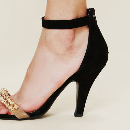 Black and Khaki Ankle Strap Heels Open Toe Rivets Embellished Sandals