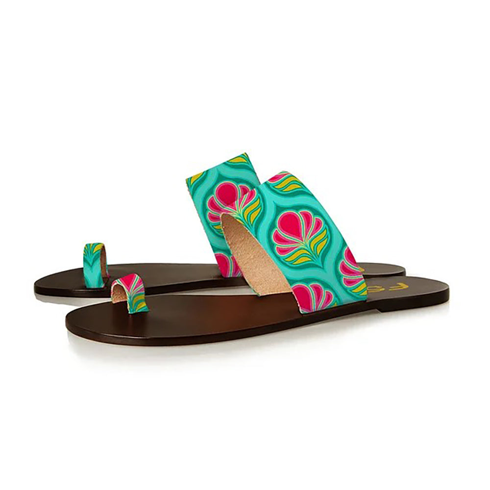 Stylish Green Floral Print Beach Flats Summer Toe Ring Sandals