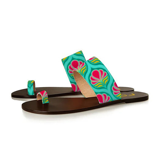 Stylish Green Floral Print Beach Flats Summer Toe Ring Sandals