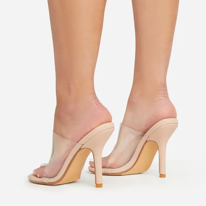 Beige & Clear PVC Open Toe 3'' Stiletto Heel Band Mules