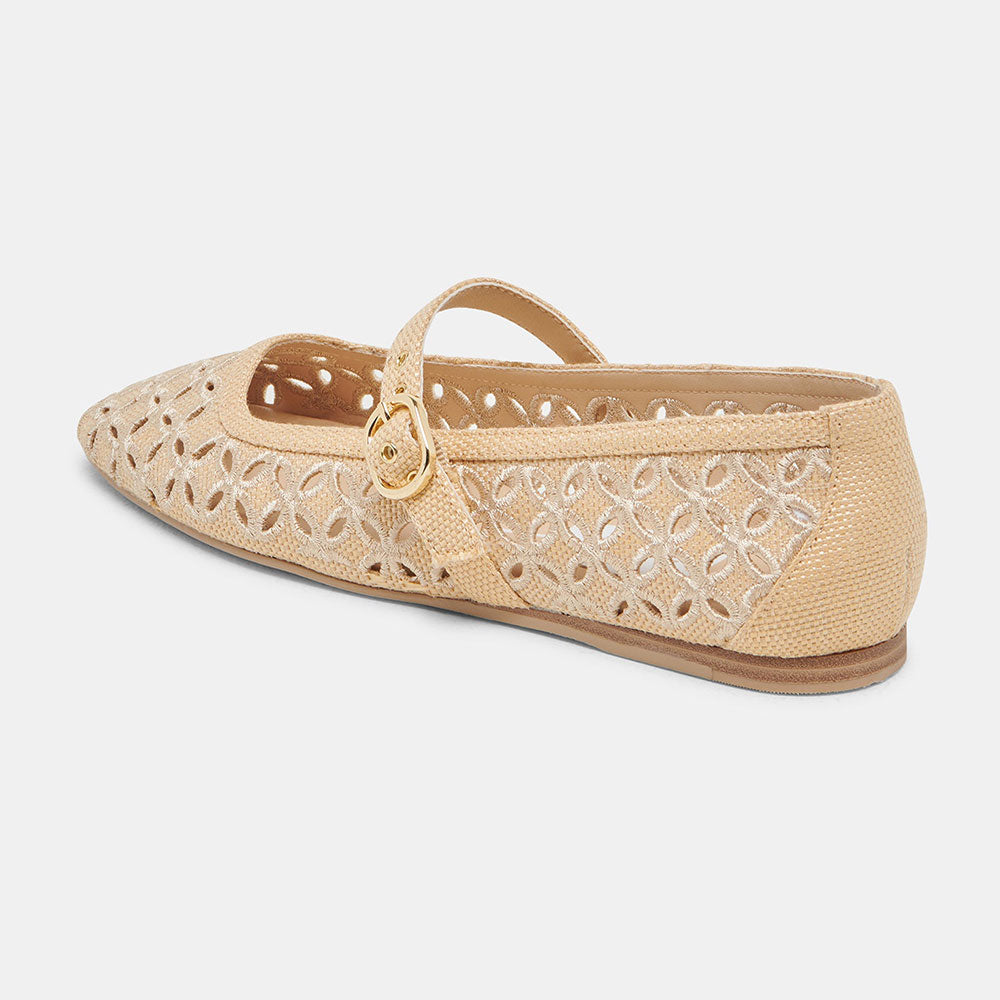 Beige Raffia Woven Square Toe Cut-Out Buckle Strap Ballet Flats