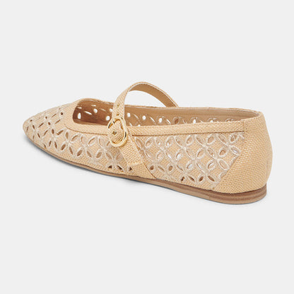 Beige Raffia Woven Square Toe Cut-Out Buckle Strap Ballet Flats