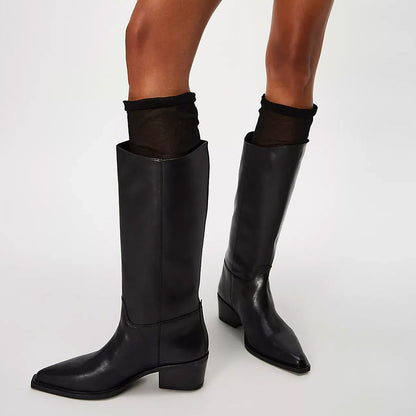 Black Chunky Heel Pointed Toe Pull-On Mid Calf Boots for Women