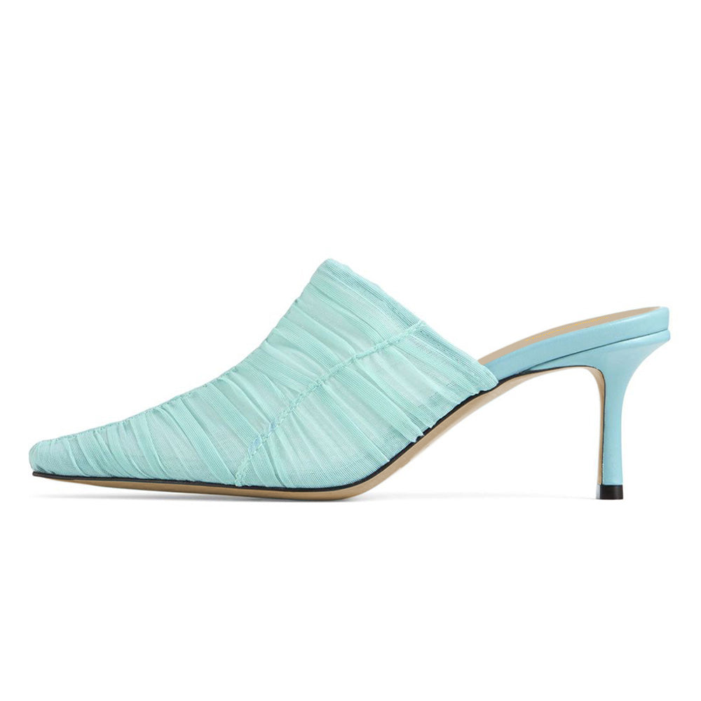 Women's Pale Turquoise Tulle Pointed Toe Casual Stiletto Heeled Mules