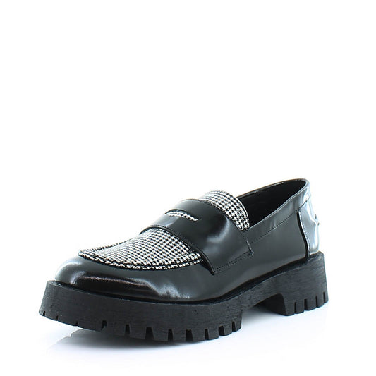 Black Patent Leather Houndstooth Round Toe Vintage Chunky Loafers