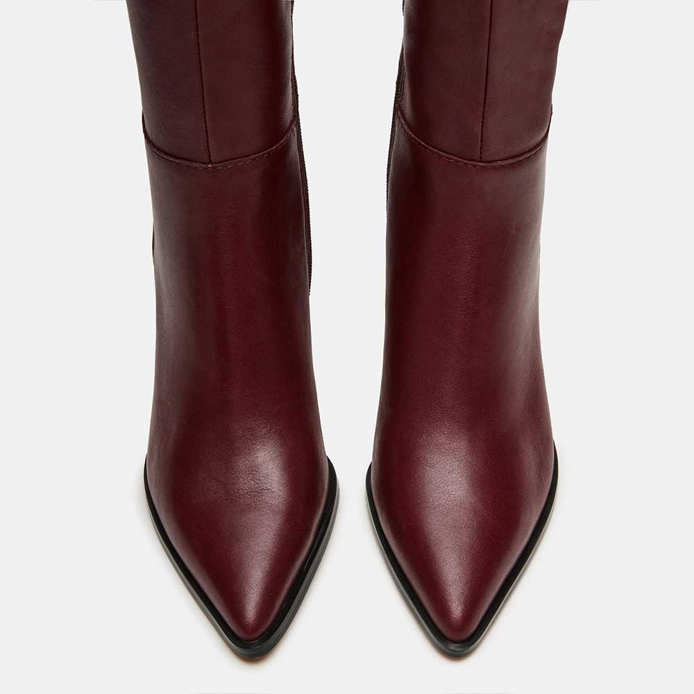 Maroon Vegan Leather Pointed Toe Kitten Heel Zipper Knee High Boots
