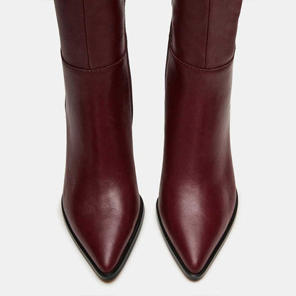 Maroon Vegan Leather Pointed Toe Kitten Heel Zipper Knee High Boots