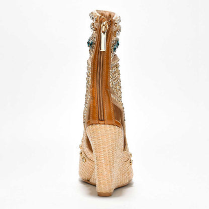 Nude & Beige Woven Wedge Heel Rhinestone Embellished Open Toe Boots