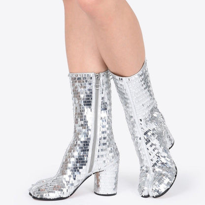 Silver Sequin Split Toe Zipper Mid Calf Boots with Cylinder Heel