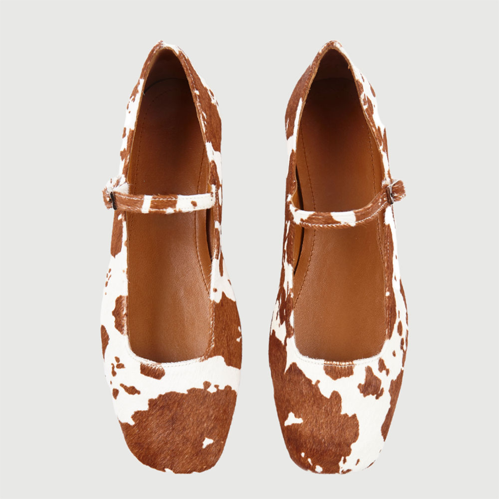 Brown & White Vegan Leather Square Toe Buckled Strappy Ballet Flats