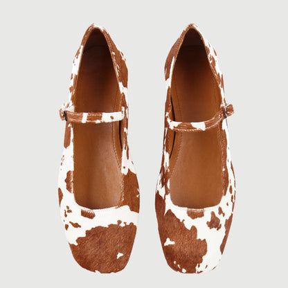 Brown & White Vegan Leather Square Toe Buckled Strappy Ballet Flats