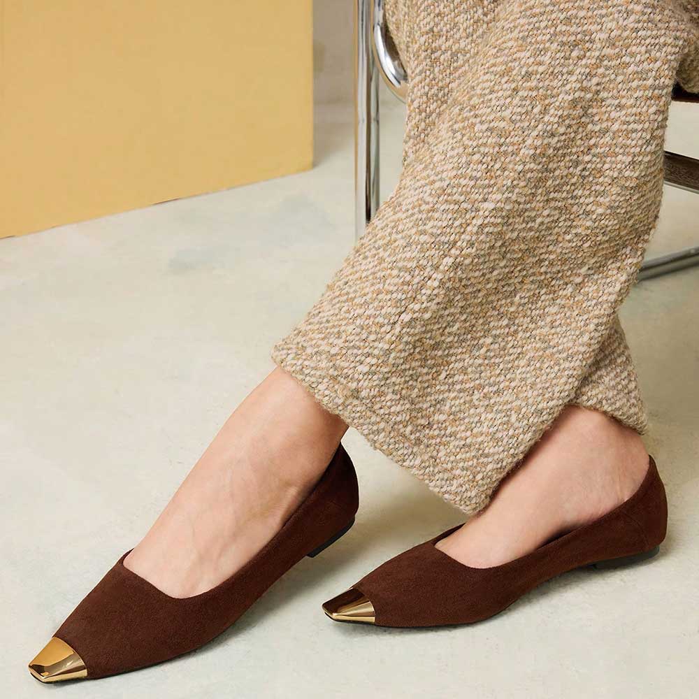 Women's Elegant Vegan Suede Metallic Square Toe Flats in Brown