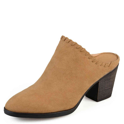 Women's Tan Vegan Suede Vintage Chunky Heels Mules Shoes