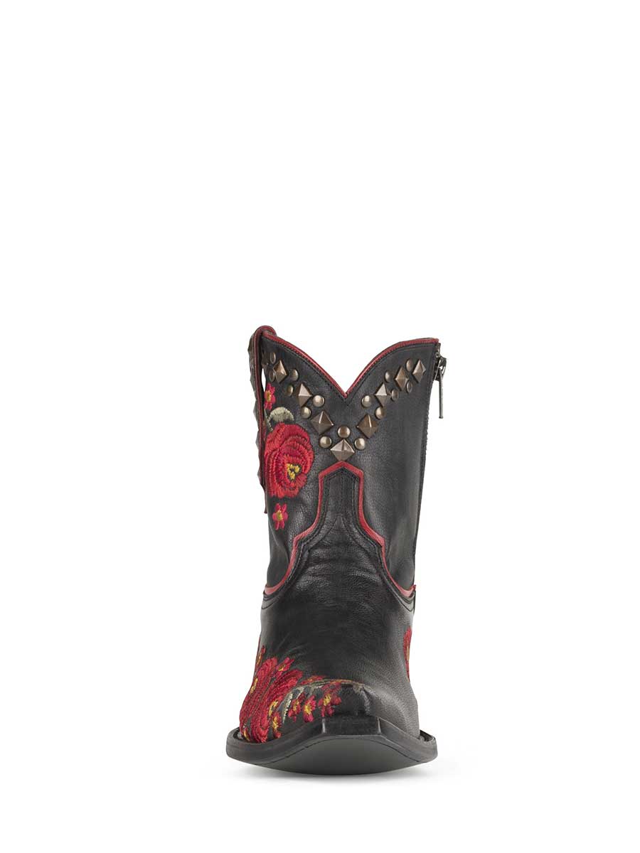 Black Snip Toe Floral Embroidery Studded Block Heeled Cowgirl Ankle Boots