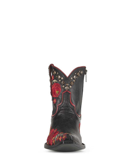 Black Snip Toe Floral Embroidery Studded Block Heeled Cowgirl Ankle Boots