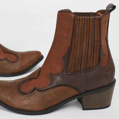 Brown Snakeskin Western Boots Block Heel Chelsea Booties for Women