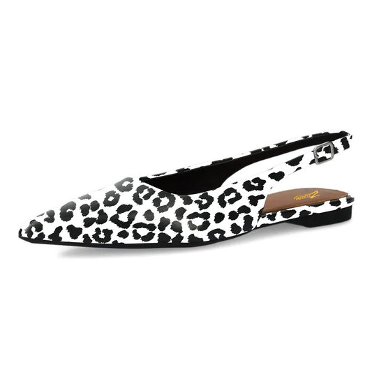 Black and White Pointed Toe Slip-On Slingback Leopard Flats