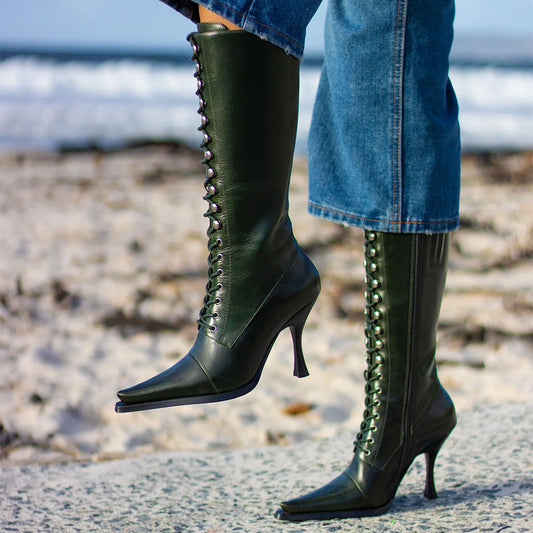 Dark Green Pointed Toe Tie-Up Spool Heel Zipper Mid Calf Boots