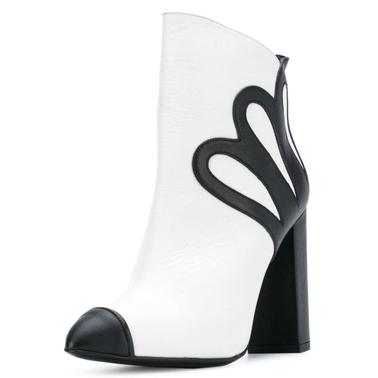 Black and White Cap Toe Side Zip Closure Block Heel Ankle Boots