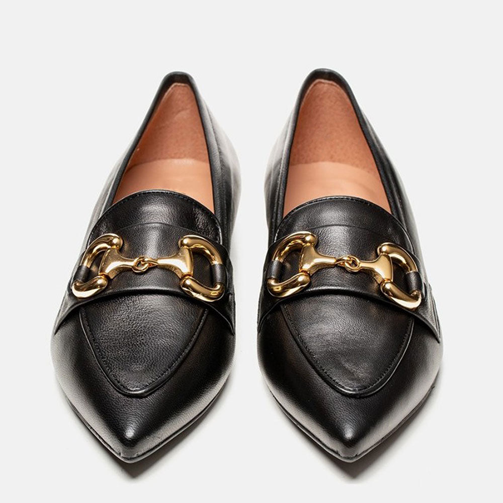 Black Pointed Toe Flat Horsebit Embellished Women's Loafers