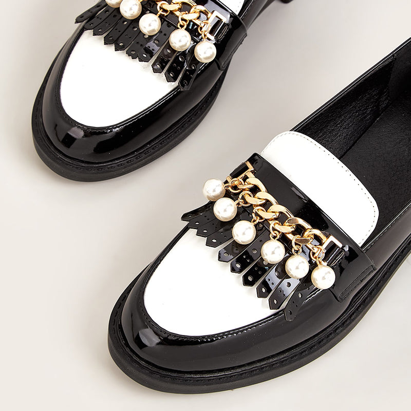 Black & White Patent Leather Fringe Pearl Block Heel Women's Loafers